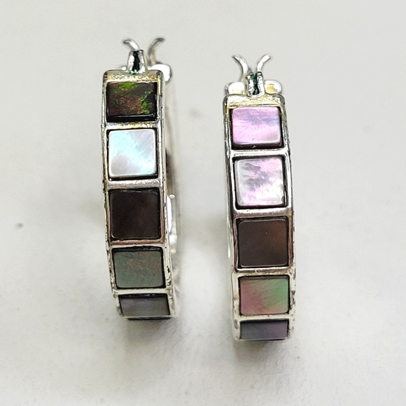 Stunning Vintage Silver Mother of Pearl Abalone All Around Hoop Earrings - Picture 2 of 7